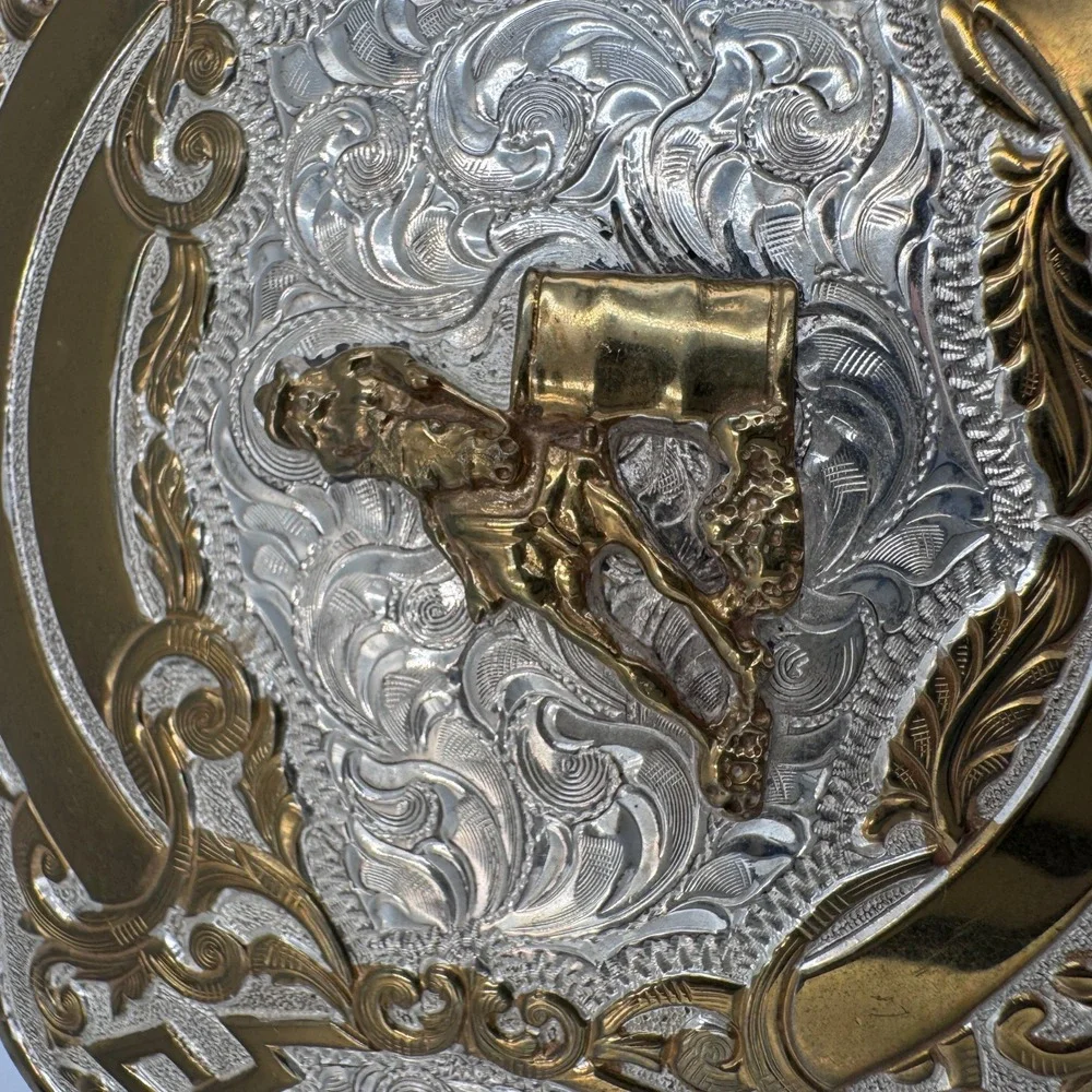 Crumrine Western Barrel Racer Belt Buckle Set Silver Gold Plate‎ Filigree USA
